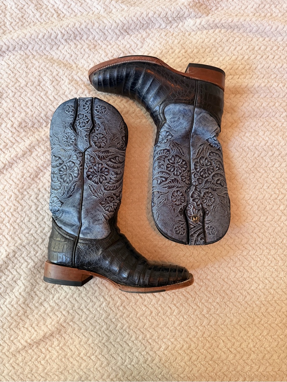 Women’s Embossed TANNER MARK Mid-Calf Boot in Black and Blue